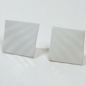 1980s Crown Trifari Wavy Square in white Enamel Statement Pierced Earrings - Modern Geometric