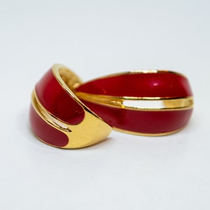 1980s Vintage Trifari TM Gold Tone Glossy Red Enamel Hoop Earrings Pierced Backs Designer Signed