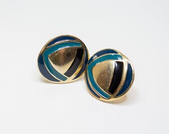 Vintage Signed TRIFARI Gold Tone Circular Statement Clip on Earrings with Navy and Turquoise Enamel Stripes, Large Statement