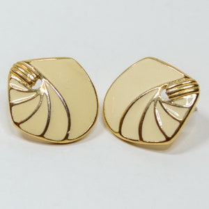 Vintage Crown Trifari Gold Tone Glossy Cream Winter White Enamel Swirl Statement Earrings Pierced Backs 1990s 1980s