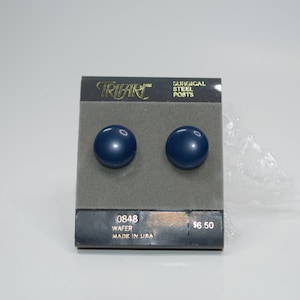 1970s 80s New Old Stock Trifari Navy Circle Button Wafer Pierced Earrings
