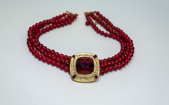 Rare Garnet Colored Ruby Red Choker Necklace sign… - image 1