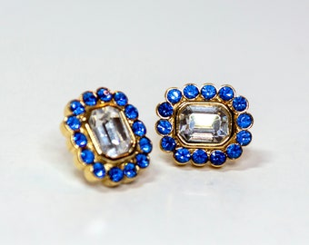 Vintage TRIFARI Signed Simulated Topaz Sapphire Blue and Diamond Rhinestone Crystal Pierced Earrings