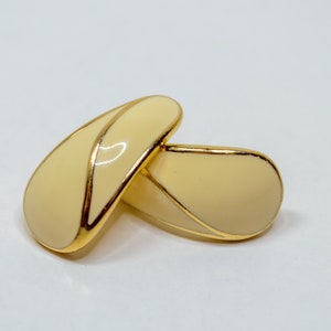 Vintage Trifari TM Gold Tone Glossy Cream Winter White Enamel Hoop Earrings Pierced Backs