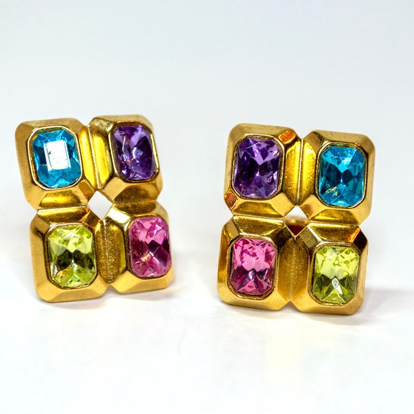 Spring 90s TRIFARI TM Signed Multicolored Statement Faceted Crystal Rectangular Gold Tone Clip on Earrings | Purple pink teal citron