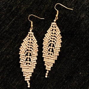 Vintage Prong Set Clear Rhinestone Leaf pierced earrings | French hook dangle |dynamic articulating | disco statement