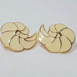 Vintage TRIFARI Signed Cream Shell Spiral Gold Tone Enamel Pierced Earrings 1980s image 1