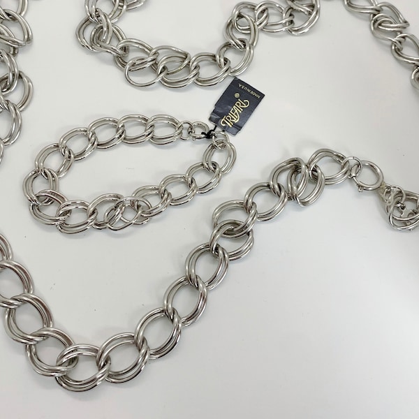 NWT Trifari signed Silver Tone Large Curb Chain Bracelet and Pierced Earrings with matching Pierre Cardin Necklace - Perfect for charms