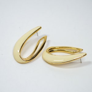 Vintage Trifari TM Gold Tone Glossy Cream Enamel Hoop Earrings Pierced Backs | Winter white | Designer signed