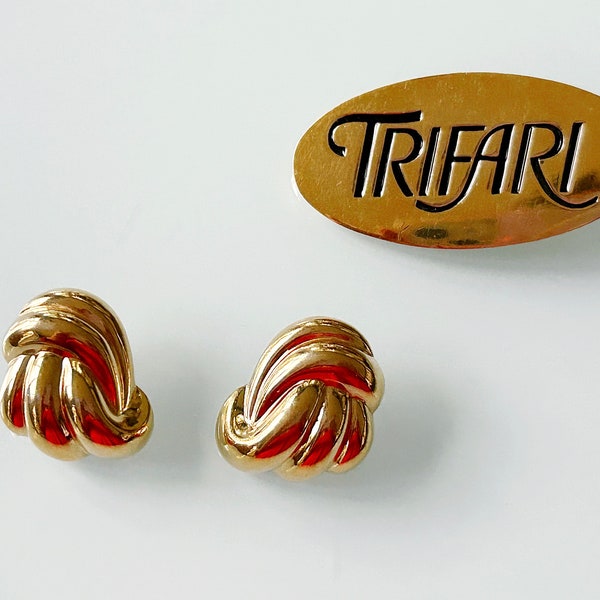 Vintage Crown TRIFARI Signed Gold Tone 3 Dimensional Puffy Earrings hollow knotted knot | Pierced Back - surgical steel posts