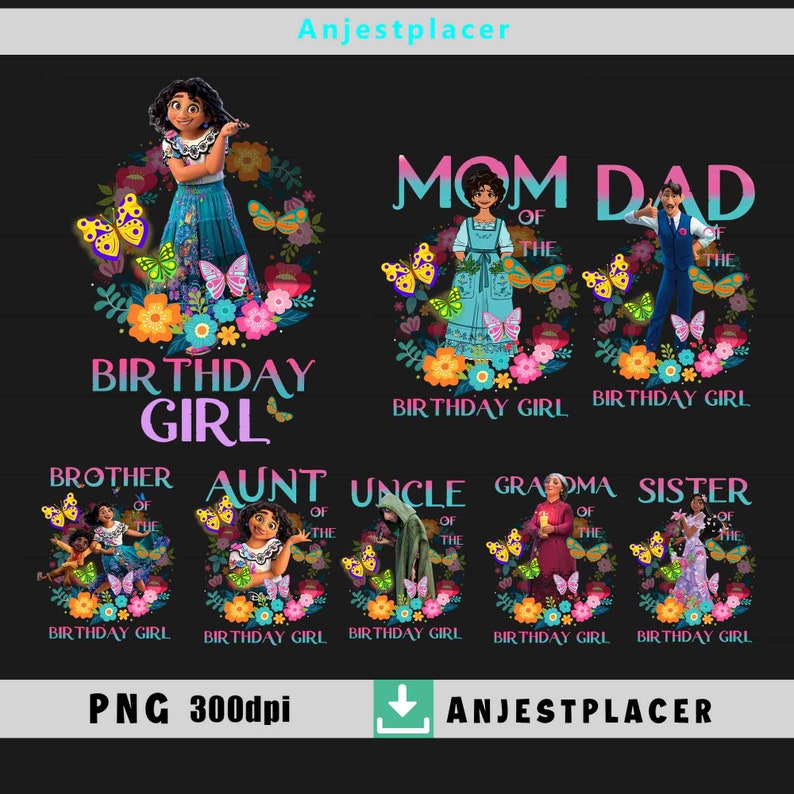 May include: A set of 10 digital images featuring various family members with the text "Birthday Girl" and "Mom of the Birthday Girl" and "Dad of the Birthday Girl" and "Brother of the Birthday Girl" and "Aunt of the Birthday Girl" and "Uncle of the Birthday Girl" and "Grandma of the Birthday Girl" and "Sister of the Birthday Girl". The images are set against a dark background with floral accents and butterflies.