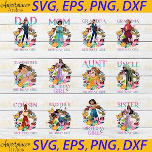 May include: A set of 10 digital cut files featuring various family members in a floral wreath with butterflies. The text includes "Dad", "Mom", "Grandpa", "Grandma", "Grandmother", "Aunt", "Uncle", "Cousin", "Brother", and "Sister". Each design includes the phrase "Birthday Girl".