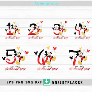 Pode incluir: Conjunto de sete designs de Mickey Mouse para um menino de aniversário, em vermelho e preto. Cada design apresenta o Mickey Mouse segurando balões e um número de um a sete. O texto "Of the Birthday Boy" está abaixo de cada design.