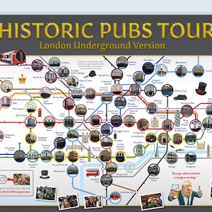 May include: A colourful map of London's historic pubs, designed to look like the London Underground map. The map features the names of pubs and their locations on the map. The map is a fun and informative way to explore London's pub scene.