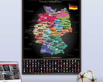 Rubbelkarte Fußballstadien Deutschland – Deutsche Ligen Rubbelposter mit 100 Stadien & Trikots | Fußball Geschenk 85 × 60 cm