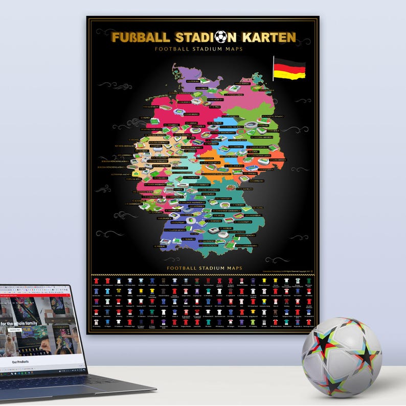 Rubbelkarte Fußballstadien Deutschland – Deutsche Ligen Scratch-Off Poster mit 100 Stadien & Trikots | Fußball Geschenk 85 × 60 cm image 1