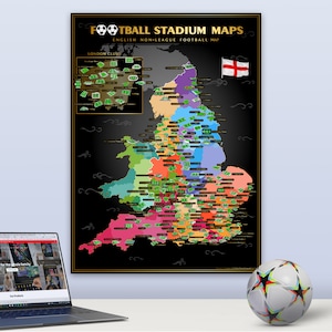 May include: A black and gold poster with a map of England showing the locations of football stadiums. The map is titled "Football Stadium Maps: English Non-League Football Map".