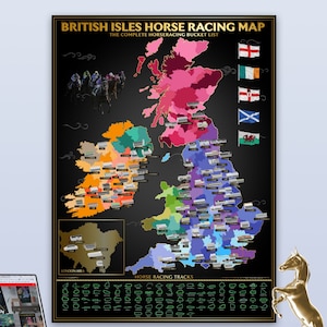 May include: A colourful map of the British Isles with a black background. The map shows the location of horse racing tracks throughout England, Scotland, Wales, and Ireland. The map is titled "British Isles Horse Racing Map: The Complete Horseracing Bucket List".