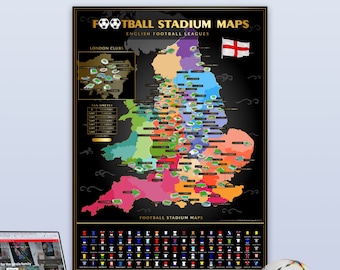 English Leagues Scratch Off Stadium Map , Poster Reveals Images of 100 Football Stadiums and Kits, 85*60cm Football Scratch Map Gift