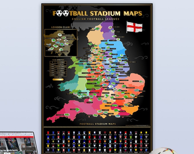 English Leagues Scratch Off Stadium Map , Poster Reveals Images of 100 Football Stadiums and Kits, 85*60cm Football Scratch Map Gift