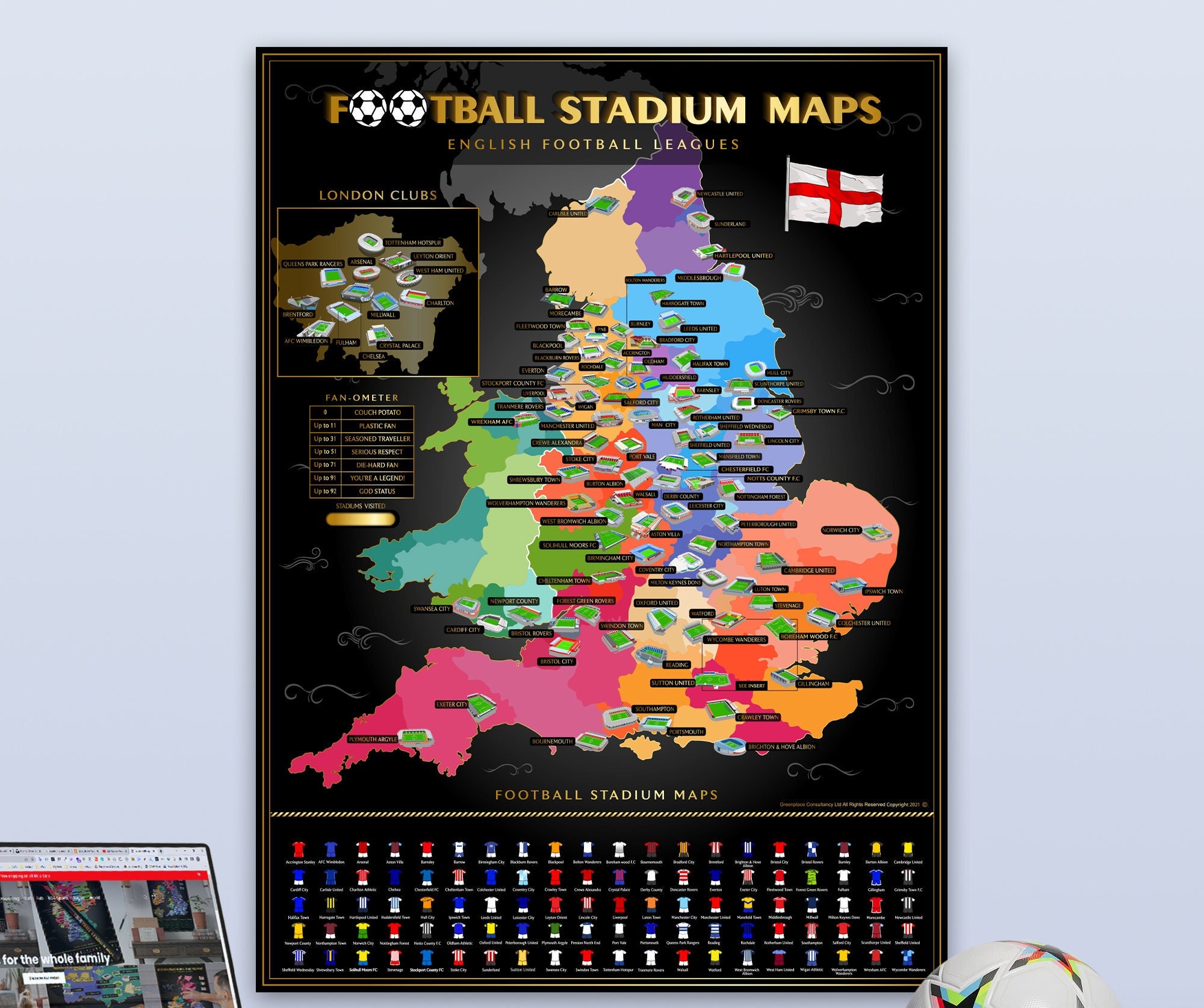Carte des stades à gratter des ligues anglaises, affiche montrant