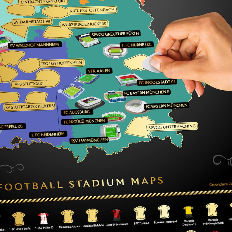 May include: A detailed map of German football stadiums, featuring team logos and stadium illustrations. The map includes the text "FOOTBALL STADIUM MAPS" and various team names like "FC Bayern M&uuml;nchen" and "Borussia Dortmund".