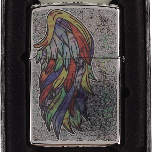 Colorful Feathered Angel Wing Right - Fuzion High Polish Chrome Zippo Lighter