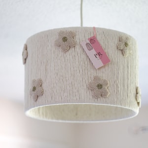 Punch Needle- Macrame Lampshade, Handmade with love in the UK, Daisy lampshade, Neutral-Gold Flowers|