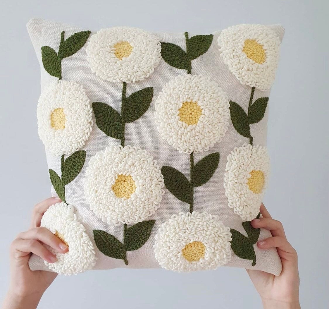Retro Daisy Punch Needle Pillow Coverdecor Embroidered 