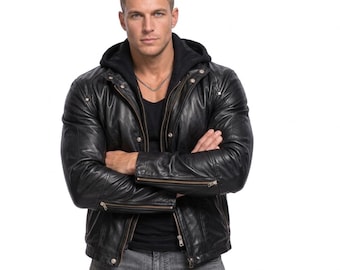 Mens Black Leather Moto Jacket, Genuine Cowhide Biker Jacket, Slim Fit Motorcycle Jacket, Hooded Leather Jacket, Mens Leather Coat