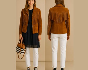 Women’s Western Suede Fringe Jacket | Vintage Tan Brown Leather Coat | Cowgirl Boho Festival Outerwear