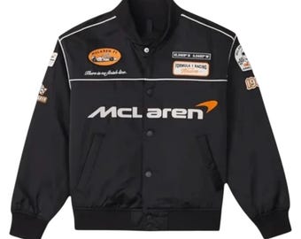 unisex Vintage Style Windbreaker McLaren F1 Racing Bomber Jacket Black Varsity Style Formula Team Vintage Patches Motorsport Streetwear Gift