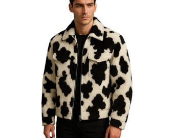 Men’s Black  White Pony Hair Jacket | Genuine Cowhide Leather Streetwear | Unique Fall  Winter Gift for Him Street fashion gift for him fit