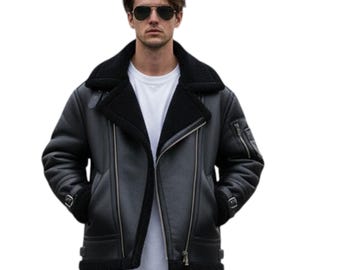 Unisex Oversized Black Sheepskin Leather Bomber Jacket: | 90s Aviator Style | Double-Breasted Zip-Up Collar | Vintage Flight Coat