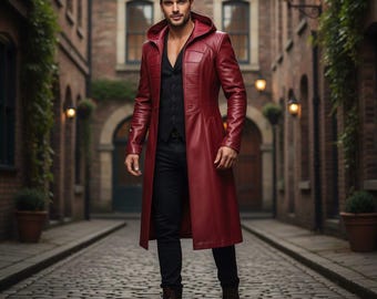 handmade Genuine Leather Red Hooded Trench Coat:Gothic Vampire Duster – Medieval Witcher Style LARP Fantasy Cosplay Coat – Gift for Him