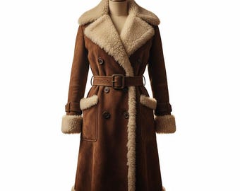 Men’s Shearling Sheepskin Winter Coat, Brown Suede:Shearling Trench Jacket, Warm Shear Fur Lined Long Coat, Handmade Vintage Outerwear Gift