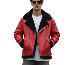 Unisex Oversized Red Sheepskin Leather Bomber Jacket:| 90s Aviator Style | Double-Breasted Zip-Up Collar | Vintage Flight Coat