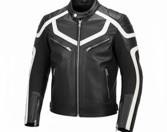 Men women Genuine Leather Biker Jacket Black & White Moto Style Motorcycle Jacket Handmade Real Leather Racer Coat:Classic Cafe Racer Jacket