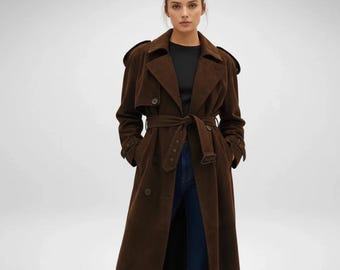 Vintage Dark Brown Suede Trench Coat – Double-Breasted Long Duster Jacket | Classic Western Overcoat | Men’s Retro Suede Leather Winter Coat
