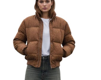 Vintage Brown Puffer Jacket | Distressed Cropped Bomber: Women’s Winter Outerwear | Retro Streetwear Coat