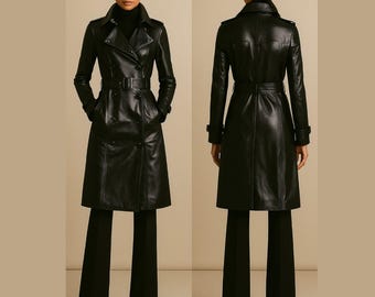 Handmade Black Leather Long Coat for Women | Custom Tailored Premium Outerwear | Elegant Genuine Leather Trench Coat gift for her oversized
