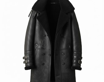 Handmade Men’s Black Leather Aviator coat :Shearling Collar Flight Coat | Luxury Pilot Jacket | Trendy Winter Wear