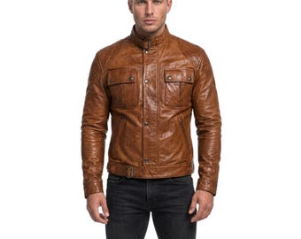 Men's Leather Moto Jacket, Cognac Brown Biker Jacket, Quilted Motorcycle Jacket, Slim Fit Biker Coat, Genuine Sheep Leather Jacket