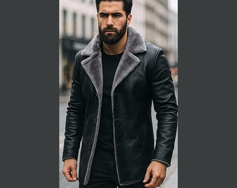 Men’s PU Leather Wide Notch Shearling Coat – Faux Leather Winter Jacket, Warm Shearling Lined Overcoat