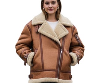 Unisex Oversized Sheepskin Leather Bomber Jacket :90s Aviator Style | Double-Breasted Zip-Up Collar | Vintage Flight Coat