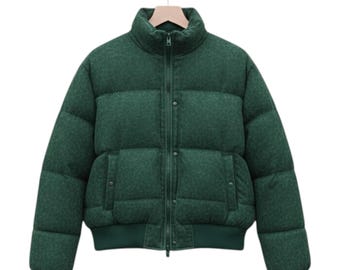 Vintage Green Puffer Jacket :Cropped Bomber | Women’s Streetwear Coat | Retro Winter Outerwear