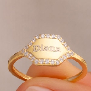 Personalized Hexagon Bar Ring: Engraved Initial, Diamond Accent, 925 Silver