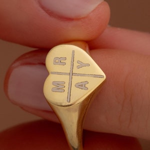 Personalized Heart Signet Ring: Engraved Initial Ring, Solid Gold & Sterling Silver