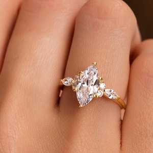 2CT Marquise Moissanite Engagement Ring, Vintage Side Stone Ring, Six Claw Prong CZ Ring, 925 Silver 14K 18K Gold