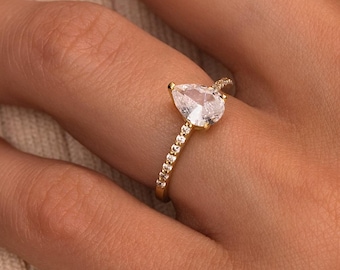 2 ct Pear Moissanite Engagement Ring / Sterling Silver or 14K Solid Gold Promise Ring / 9x7mm Look Teardrop Side Stone Bridal Gift